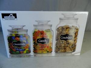 lot 198 image: New 3 Piece Chalkboard Glass Canister Set