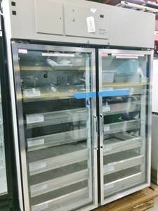 lot 4 image: MSRP $14,000 Baxter Scientific Double Glass Door Cryo-Fridge Refrigeration Unit&nbspWith Giant Slide Out Stainless Steel Perforated Drawers For Quick Chilling Items - Approx 80 x 60 x 36&nbspThermo Scientific pr504aba Excellent Working Condition