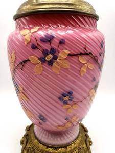 lot 323 image: Antique Hand-Painted Cased, Swirl Art Glass Kerosene Lamp Electrified