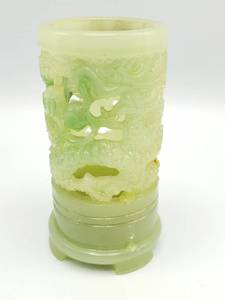 lot 513 image: Carved Jade Cylinder Candle Holder  Incense with Dragon Motif 4 14 Tall