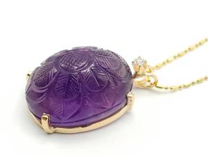 lot 10A image: Gorgeous Hand-Carved Amethyst and Diamond Necklace in 14k Yellow Gold