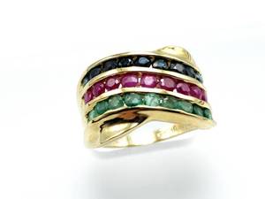 lot 7A image: Beautiful Natural Sapphire, Ruby, and Emerald Estate Ring in 14k Yellow Gold
