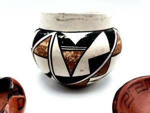 lot 208 image: (3) Group of Native American Pottery, Redware, Etc. One Signed