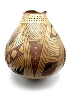 lot 12 image: Oversized Native American Acoma Polychrome Pottery Olla Jar 14 Tall