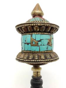 lot 28 image: Antique Turquoise and Coral Silver Tibetan Buddhist Prayer Wheel