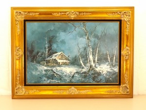 Large Wood Framed Oil on Canvas Painting Winter Cabin Scene