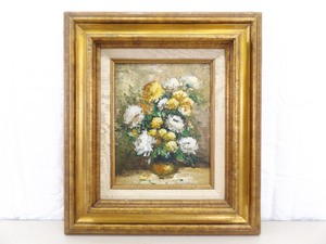 Wood Framed Oil on Board Painting of Potted Flowers