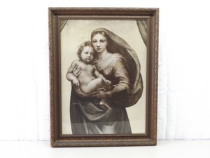 Antique Hand Carved Wood Framed&nbspPrint of Mary and Jesus Madonna