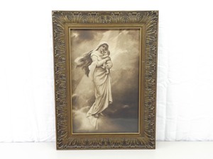 Antique Wood Framed&nbspChromolithograph of Mary and Jesus Madonna