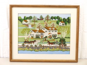 VERY Well Done Wood Framed Embroidered Needlepoint Amish Village Scene