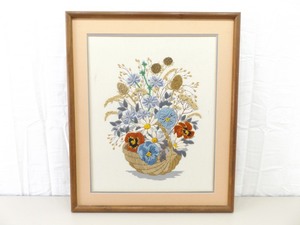 VERY Well Done Wood Framed Embroidered Needle Work Flower Basket