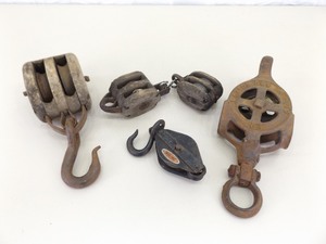 5 Medium to Small Antique Wood and Iron Barn Pulleys