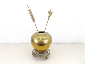 Large SOLID Brass Cattail and Lilly in Brass Urn and Brass Rolling Cart