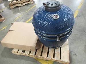 lot 229 image: Lifesmart Lonestar 24 in. Kamado Charcoal Ceramic Grill and Smoker with Bundled Electric Starter, Cover, Deflector Stone in Blue, SCS-K24B - Missing Stand (Legs) Cracked Inside Ceramic Crucible - See Photos