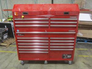 lot 114 image: Husky 61 in. W x 18 in. D 18-Drawer Tool Chest and Cabinet Combo in Red H61CH6TR12R