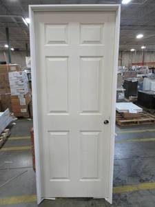lot 289 image: Steves & Sons 32 X 80 Hollow Core 6 Panel Pre-Hung Interior Door Left-Hand Inswing Primed and Ready To Paint - Some Slight Scratches, Crack in Jamb Wall.