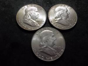 lot 54 image: 3-1963 D Franklin Half Dollars