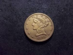 lot 76 image: 1905 S 5-Dollar Gold Piece 8.36 Gms Net Weight