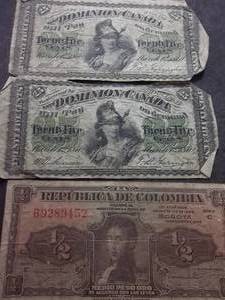 lot 130 image: 2 Canadian 25 Cent Fractional  Currency From 1810 & 12 Peso From Columbia From 1938-1948