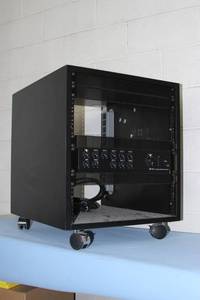lot 56 image: Small AudioVideo Equipment Rack on WheelsCasters & Includes Equipment (as shown)