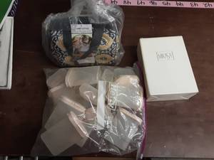 lot 28 image: 2-Mikasa Olympus Goblets, NEW Fit & Fresh Insulated Lunch Box Set, Bag Of Tupperware Containers