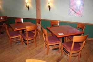 lot 91 image: 2-Wood Dining Tables, 8-Wood Padded Dining Chairs