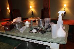 lot 67 image: Bar Prep Supplies, Utensils, Bottles, Juicer, Containers, Funnels, Liquor Spouts, And More