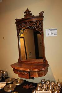 lot 119 image: Decorative Wood Frame Wall Mirror Shelf 1-Drawer
