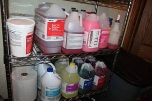 lot 112 image: Cleaning Supplies, Sanitizer, Floor Cleaner, Pot & Pan Detergent, Bleach, Eco-San, Ultra Dry, Ultra Klener, And More