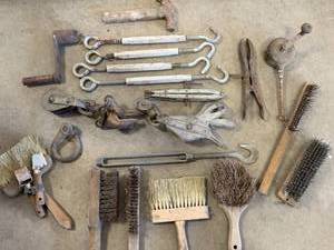 lot 24 image: Vintage Brushes, Pulleys, Turnbuckle & Tools