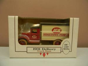 lot 50 image: ERTL 1931 IGA Red White Delivery Truck Bank Diecast Metal 134 Scale - NEW IN BOX - SEE PICTURES
