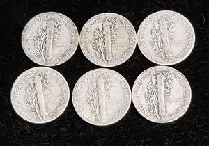 lot 21 image: GROUP OF 6 MERCURY DIMES AS PICTURED