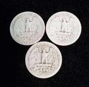 lot 55 image: 3 WASHINGTON QUARTERS 1945 1945-D 1945-S