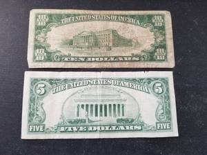 lot 28-A image: 2 US NOTES 1934-A $10 AND 1963 $5 RED SEAL