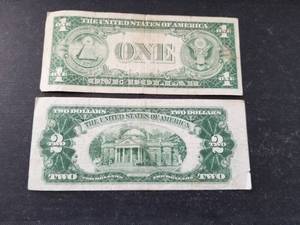 lot 37-A image: 2 US NOTES 1935-E $1 BLUE SEAL 1953-A $2 RED SEAL