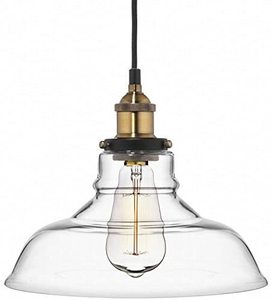 lot 16 image: Deneve clear glass pendant lamp with brass fixture and box of misc lighting fixtures and parts
