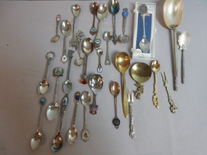 COLLECTOR SPOONS-MOTHER OF PEARL, PEWTER, DRIGOLD, NILS JOHAN PICKLE FORK, MORE