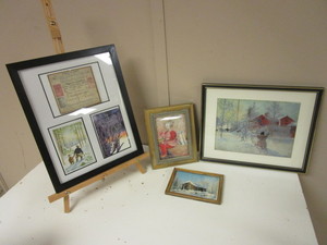 FRAMED SWEDISH DISPLAY, INCLUDING A 1923 POSTCARD, CARL LARSSON PRINT, MORE