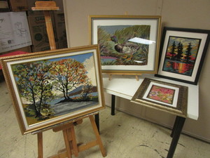 FRAMED NEEDLEWORK ART, SCENERY, DUCKS, FLOWERS