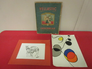 VINTAGE VELLASTIC UNDERWEAR AD, MARGARET CURTIS ANIMAL SIGNED PRINT,  ALEXANDER CALDER PRINT