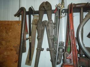 lot 93 image: Bolt Cutter, Pipe Wrenches, Saw, Grease gun
