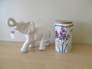 ceramic elephant, dragonfly canister
