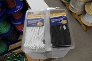 lot 129 image: Lot of (2) Buccaneer Rope Company 12in. Premium Dock Line 12in. Eye Double Braid Nylon Black 20ft., 12in. Premium Dock Line 12in. Eye Double Braid Nylon White 25ft.