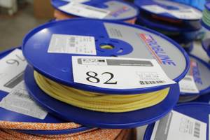 lot 82 image: FSE Robline 316in. DyneemaPolyester Dinghy Control WhiteYellow Rope 328 Foot Reel