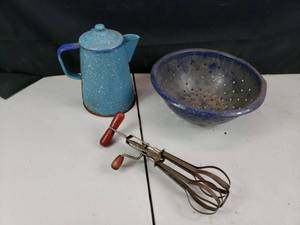 Blue Enamelware and Old Hand Mixer