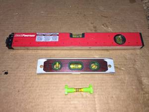 lot 12 image: Lot of 3 levels Coleman PowerMate aluminum level with laser, torpedo level, string level