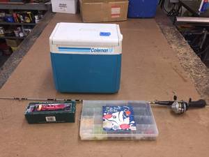 lot 21 image: Outdoor man fishing lot Zebco rod and reel, Coleman 18