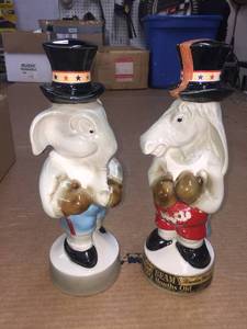 lot 29 image: 1964 Jim Beam political party decanters, GOP Elephant and Democratic Donkey