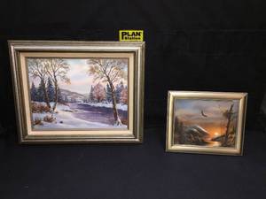 lot 39 image: Lot of 2 wildlife print and landscape painting