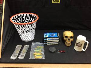 lot 55 image: Mixed manly novelty items skull beer sports